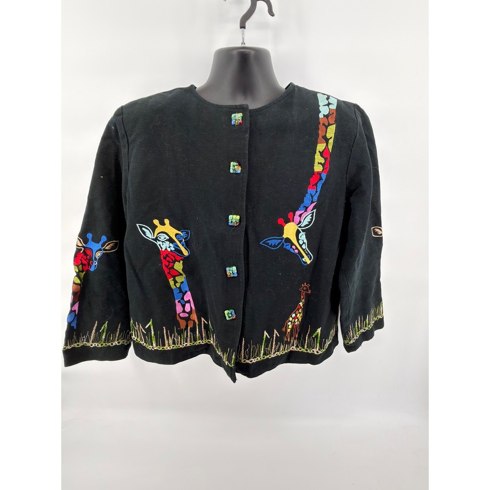 Daniel K Vintage Giraffe Embroidered Jacket Black Cotton‎ Art to Wear Boho M/L